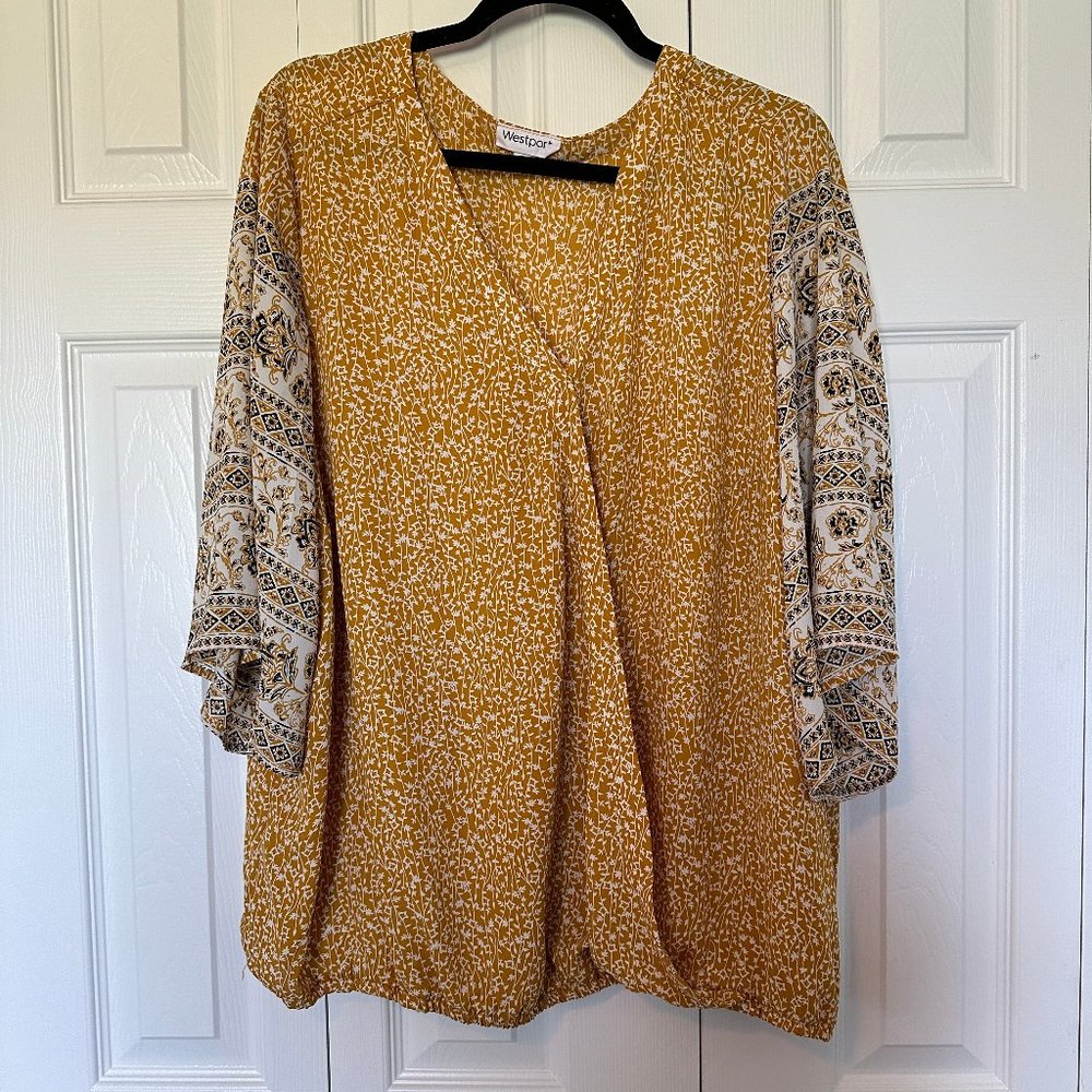 2X Westport Mustard/White Floral Print Cross Front Blouse